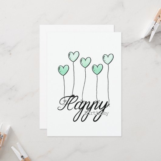 Hand-Drawn Birthday Card w Mint Heart Balloons Karte (Vorderseite/Rückseite Beispiel)