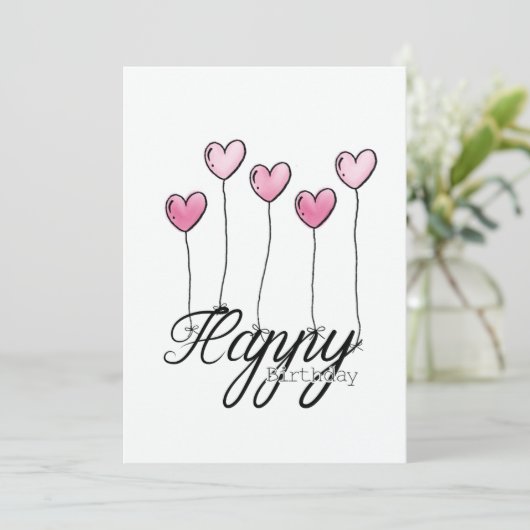 Hand-Drawn Birthday Card With Pink Heart Balloons Karte (Stehend Vorderseite)