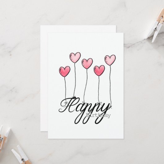 Hand-Drawn Birthday Card With Red Heart Balloons Karte (Vorderseite/Rückseite Beispiel)