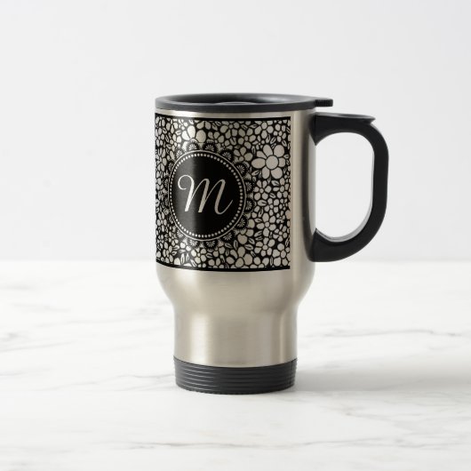Hand Drawn Black and White Flower Pattern Monogram Reisebecher (Rechts)