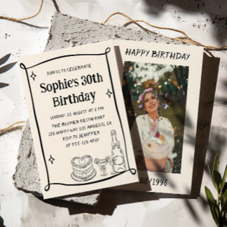 Hand Drawn Black & Cream 30TH Birthday Photo Einladung