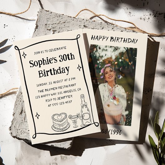 Hand Drawn Black & Cream 30TH Birthday Photo Einladung