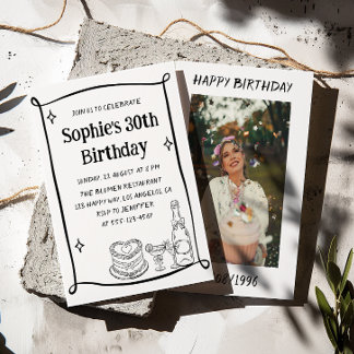 Hand Drawn Black & White 30TH Birthday Photo Einladung