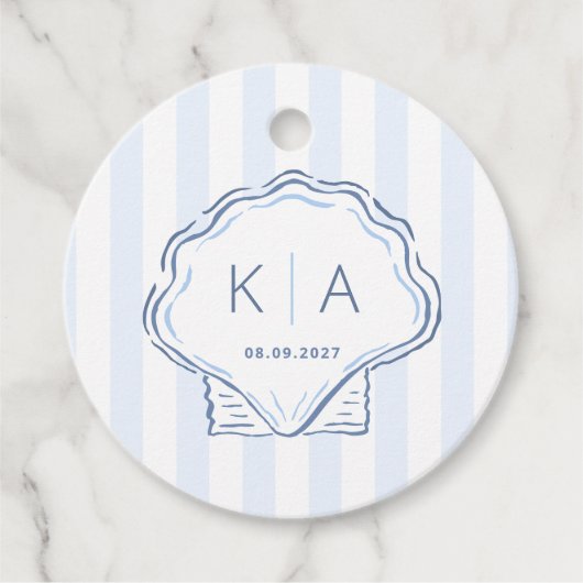 Hand-Drawn Blue And White Shell Monogram Wedding Geschenkanhänger (Vorderseite)