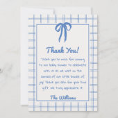 Hand Drawn Blue Bow Gingham Bow Baby Shower Dankeskarte (Vorderseite)