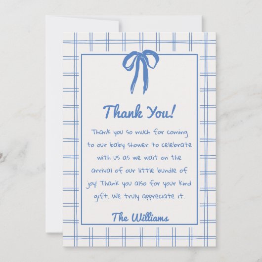 Hand Drawn Blue Bow Gingham Bow Baby Shower   Dankeskarte (Vorderseite)
