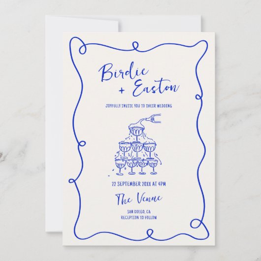 Hand Drawn Blue Champagne Tower Wedding Einladung (Vorderseite)