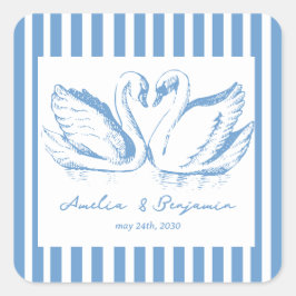 hand drawn Blue Couple Swan Whimsical Wedding Quadratischer Aufkleber