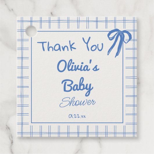 Hand Drawn Blue Gingham Bow Baby Boy Dusche Geschenkanhänger (Vorderseite)