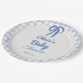 Hand Drawn Blue Gingham Bow Baby Shower Pappteller (Schrägansicht)