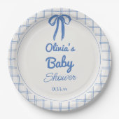 Hand Drawn Blue Gingham Bow Baby Shower Pappteller (Vorderseite)