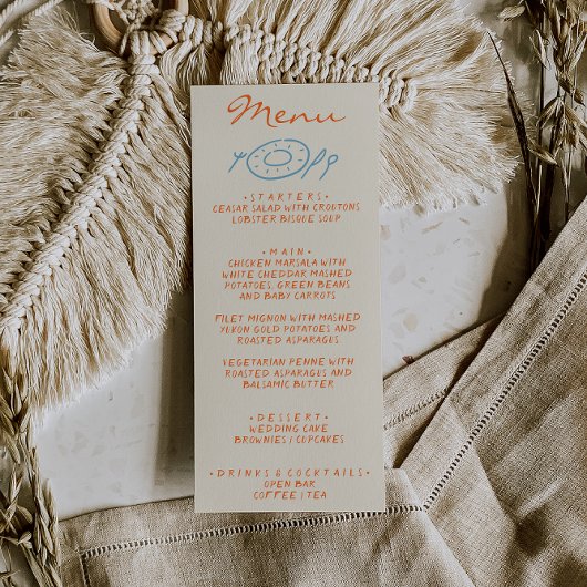 Hand Drawn Blue Orange Whimsical Wedding Menükarte