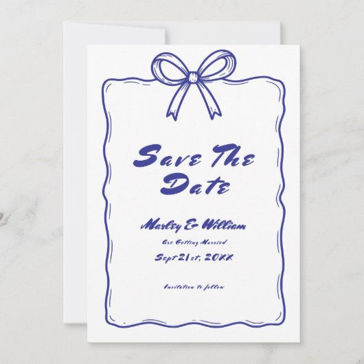 Hand Drawn Blue Quirky Whimsical Funky Wedding Save The Date (Vorderseite)