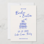 Hand Drawn Blue Squiggle Champagner Tower Wedding Save The Date (Vorderseite)
