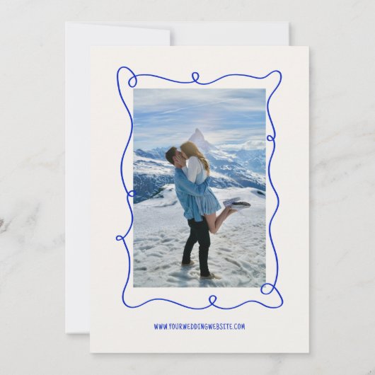 Hand Drawn Blue Squiggle Champagner Tower Wedding Save The Date (Rückseite)