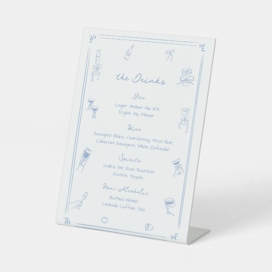 Hand Drawn Blue Wedding Bar Drink Menu Sockelschild (Vorderseite)