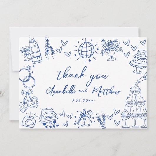 Hand Drawn Blue Whimsical Wedding Dankeskarte (Vorderseite)