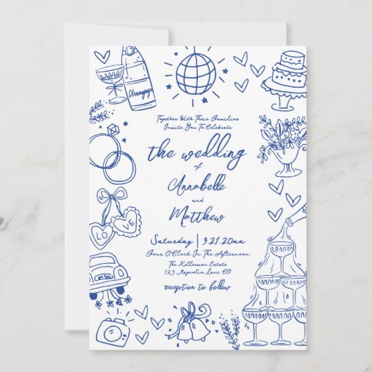 Hand Drawn Blue Whimsical Wedding Einladung (Vorderseite)