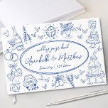 Hand Drawn Blue Whimsical Wedding Gästebuch<br><div class="desc">HandGezeichnet Quirky Sketches Whimsical Wedding Guest Book. Dieses kreative und spielerische Design ist perfekt für Paare, die einen einzigartigen und leichten Sake für ihren besonderen Tag gewollt haben. Das Gästebuch ist mit einem knalligen, weißen Hintergrund und zeitlosen blauen Illustrationen gestaltet und bietet lustige, handgezeichnet Skizzen, die dynamisch über die Vorder-,...</div>