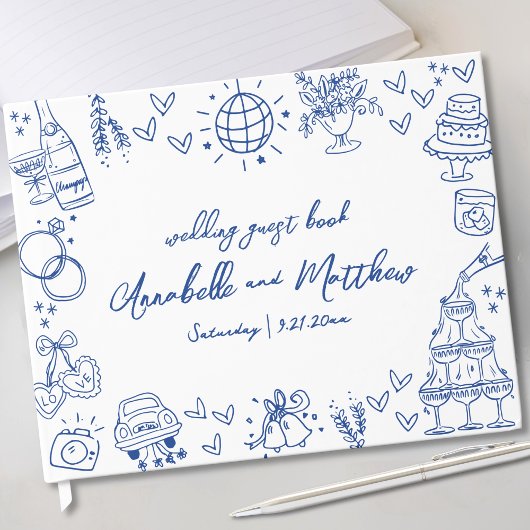 Hand Drawn Blue Whimsical Wedding Gästebuch