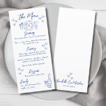 Hand Drawn Blue Whimsical Wedding Menükarte<br><div class="desc">Inspirierte europäische Speisekarte zum Hochzeitsessen. Diese bezaubernde Hochzeitskarte besticht durch ein charmantes Design, das von italienischer, französischer und europäischer Ästhetik inspiriert wurde. Eine von Hand gezeichnet Orts-Darstellung ziert die Oberfläche, während eine Champagnerflasche und ein Glas unten mit verstreuten Herzen für eine romantische und elegante Touch akzentuiert sind. Die Vorderseite hebt...</div>