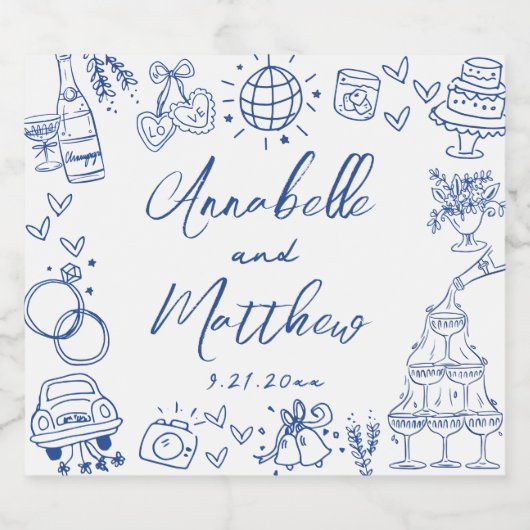 Hand Drawn Blue Whimsical Wedding Schaumweinetikett (Einzelnes Label)