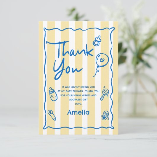 Hand Drawn Blue Yellow Ciao Baby Thank You Card Dankeskarte (Stehend Vorderseite)