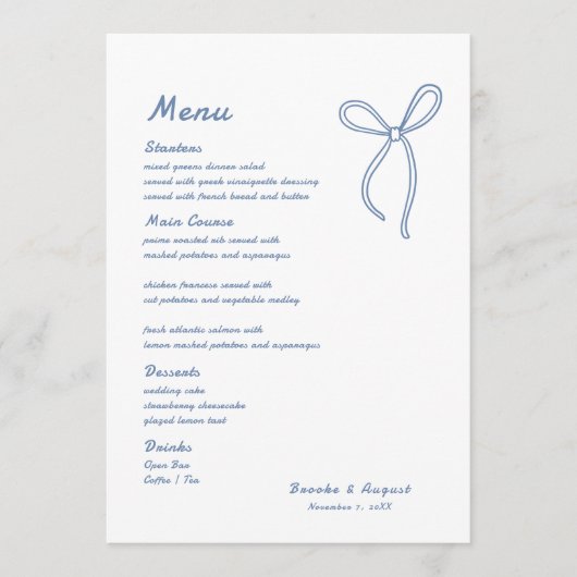 Hand Drawn Bow Blue Wedding Menükarte (Vorderseite)