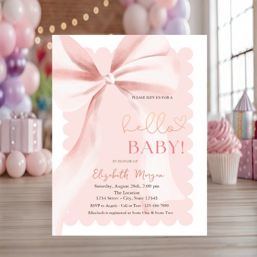  Hand Drawn Bow Elegant Frame Pink Baby Shower Einladung