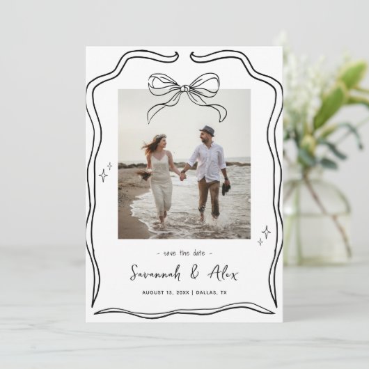 Hand Drawn Bow Frame Coquette Doodle Wedding Fun Save The Date (Stehend Vorderseite)