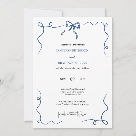 Hand Drawn Bow Französische Blu Hochzeit Einladung (Vorderseite)