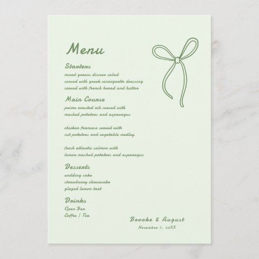 Hand Drawn Bow Green Wedding Menükarte (Vorderseite)