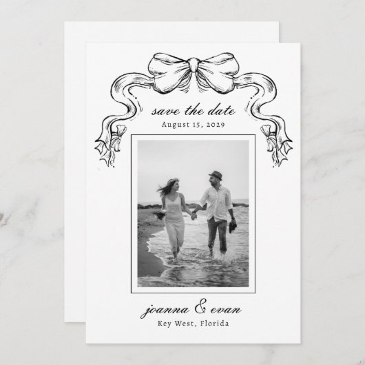 Hand Drawn Bow & Photo Modern Wedding Save The Date (Vorne/Hinten)