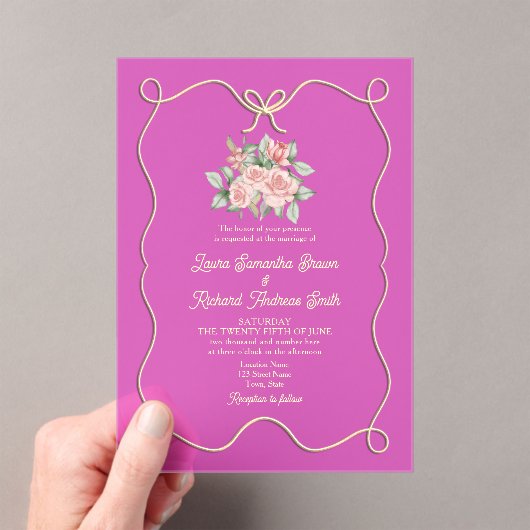 Hand Drawn Bow Pink Wedding Acryleinladungen (Insitu (Handheld))