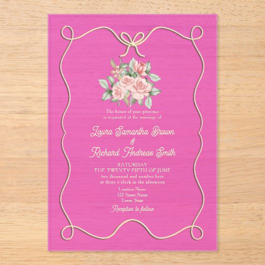 Hand Drawn Bow Pink Wedding Acryleinladungen (Vorderseite)