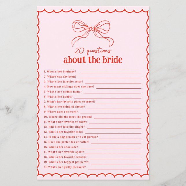 Hand Drawn Bow Red & Pink 20 Questions About Bride (Vorderseite)