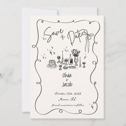 Hand Drawn Bow Squiggle Scribble Wedding Einladung (Vorderseite)