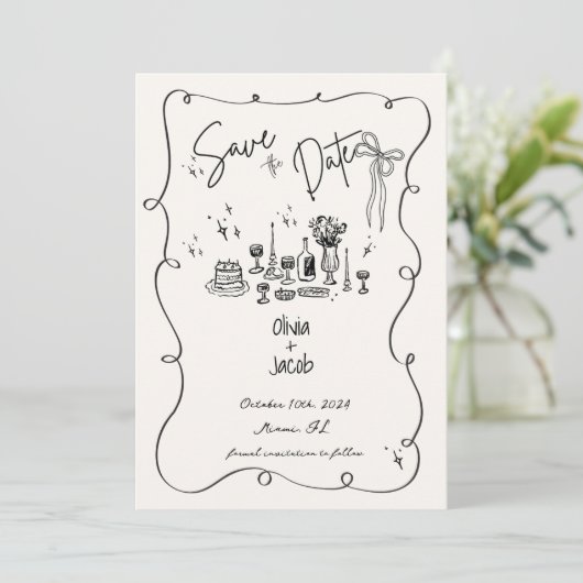 Hand Drawn Bow Squiggle Scribble Wedding Einladung (Stehend Vorderseite)