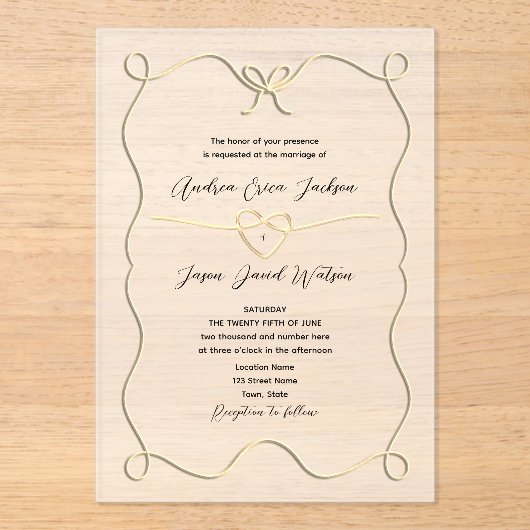 Hand Drawn Bow Transparente Hochzeit Acryleinladungen (Vorderseite)