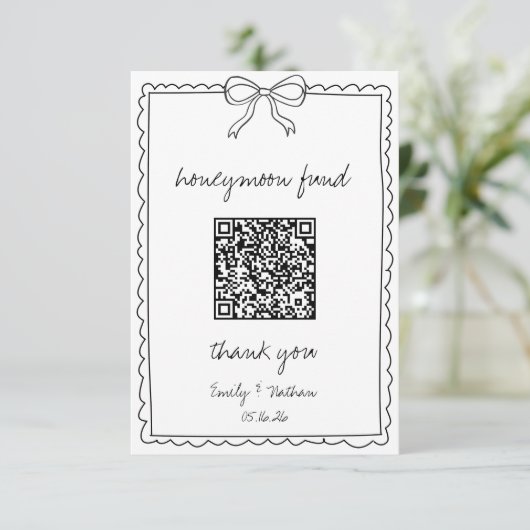 Hand Drawn Bow Wedeymoon Fund QR Code Card (Stehend Vorderseite)