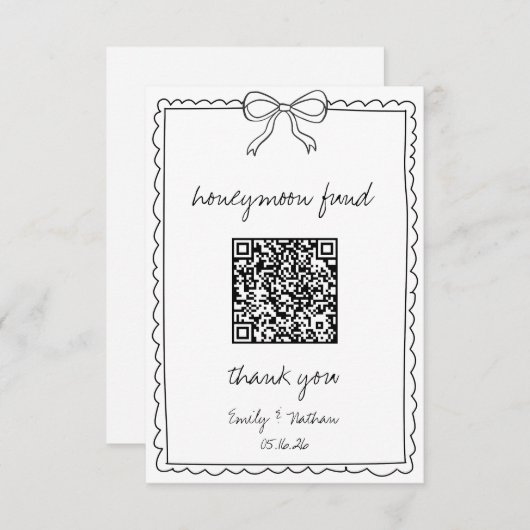 Hand Drawn Bow Wedeymoon Fund QR Code Card (Vorne/Hinten)