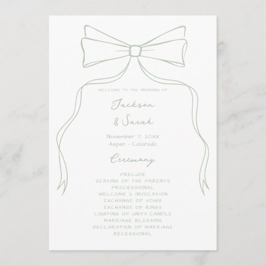 Hand Drawn Bow White and Green Wedding Programm (Vorderseite)