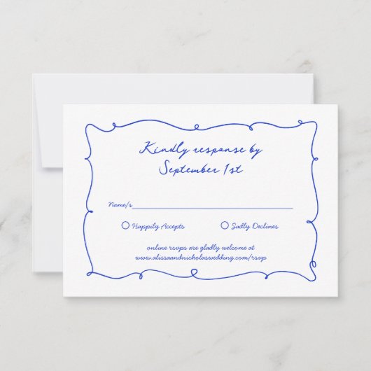 Hand Drawn Bright Blue Border & Script Wedding RSVP Karte (Vorderseite)