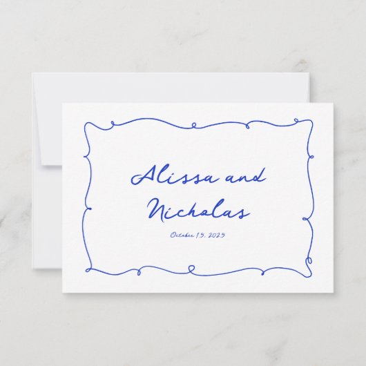 Hand Drawn Bright Blue Border & Script Wedding RSVP Karte (Rückseite)