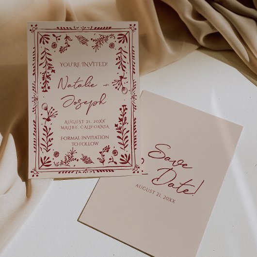Hand Drawn Burgundy Deep Red Floral Garden Wedding Save The Date