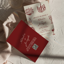 Hand Drawn Burgundy Whimsical QR Code Wedding Einladung
