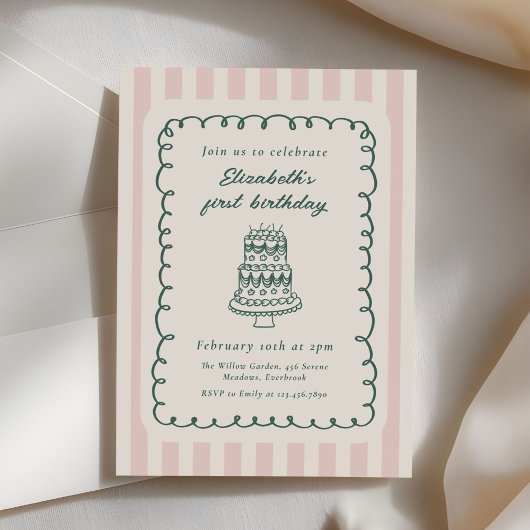 Hand Drawn Cake Quirky Unique 1st Birthday Einladung