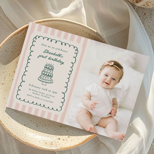 Hand Drawn Cake Quirky Unique 1st Birthday Photo Einladung