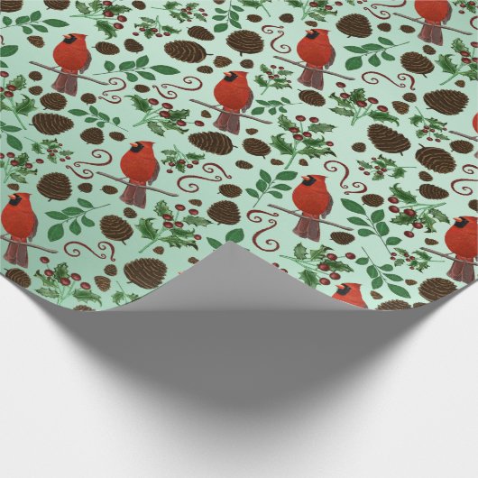 Hand Drawn Cardinal & Winter Greenery Christmas Geschenkpapier (Ecke)