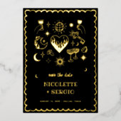 Hand Drawn Celestial Wedding Save the Date in Gold Folieneinladung (Vorderseite)